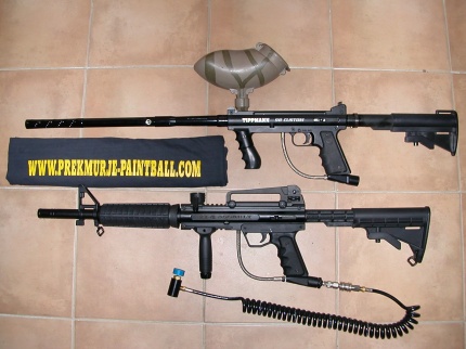 Tippman BT-4( unten),
Tippman M-98 Custom Sniper (oben), verstellbare Schulterstütze, Lauflänge 18“, Halbautomatischer Abzug, Schussweite 200+ feet
